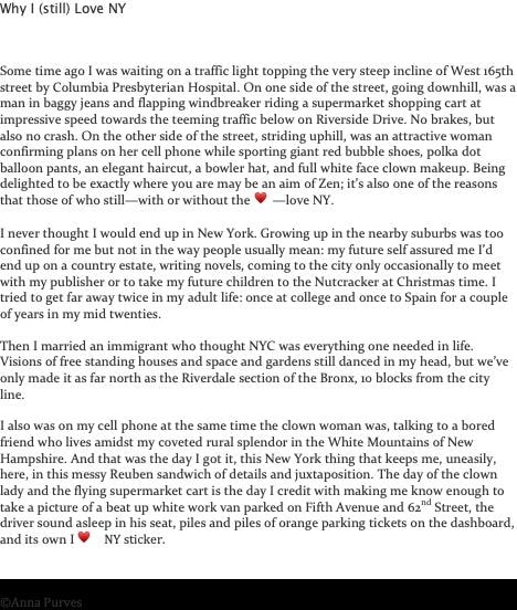 Why I (still) Love NY — personal essay by Anna Purves